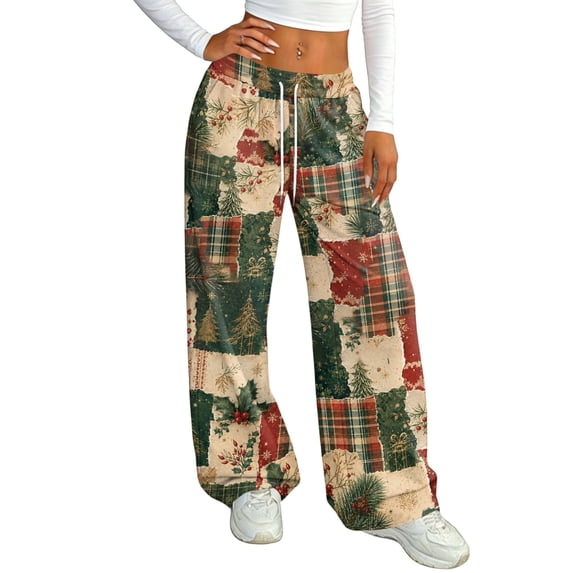 Womens Holiday Pants Christmas Print Fleece Lined Wide Leg Sweatpants Elastic Drawstring Waist Loose Straight Trousers