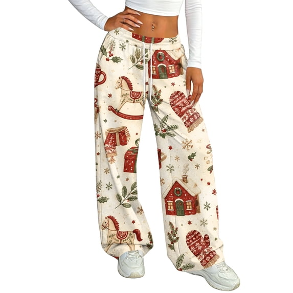 Womens Holiday Pants Elastic Drawstring Waist Loose Straight Trousers Christmas Print Fleece Lined Wide Leg Sweatpants