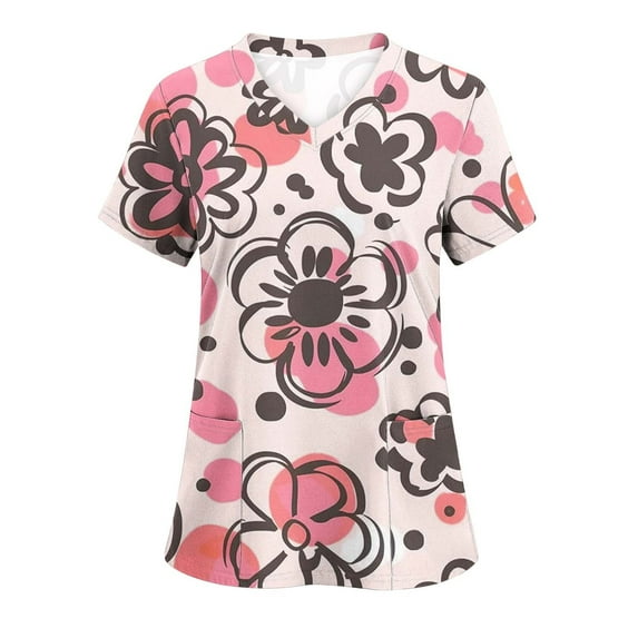 Womens Holiday Scrub Tops Nurse Uniform Short Sleeve Wrinkle Free Comfort Working Uniform Floral Scrubs Blouse Workwear, White, XXL