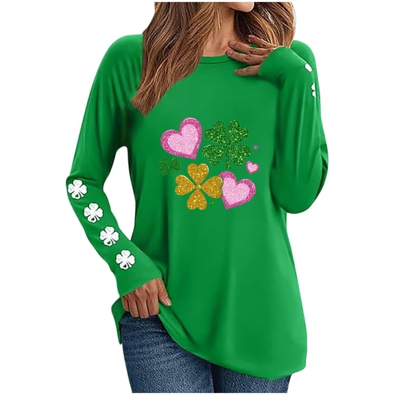 Womens Holiday Tops Long Sleeve Crew Neck Green T-shirts Plus Size St Patricks Day Shirt Graphic Tshirts (3XL, Green #G)