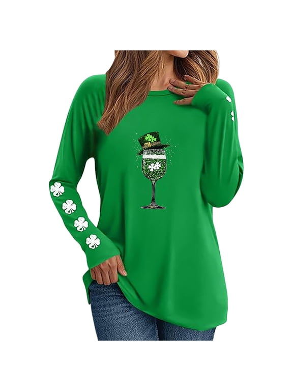 Womens Holiday Tops Long Sleeve Crew Neck Green T-shirts Plus Size St Patricks Day Shirt Graphic Tshirts (XL, Green #C)