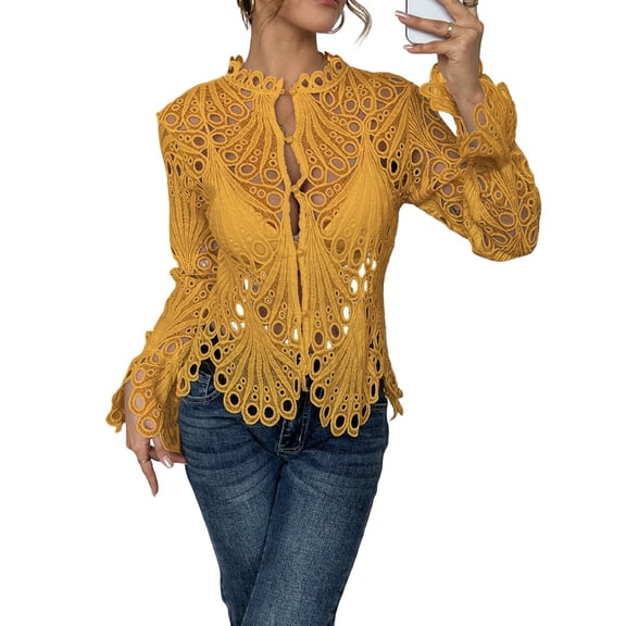 Womens Hollow Lace Trim Stand Collar Flared Sleeve Breathable Knit Lace Blouse Elegant Top Ginger Yellow XXL
