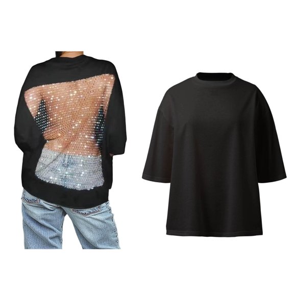 Womens Hollow Mesh shirt Short Sleeve Open Back t Shirt with Rhinestone Oversized Mesh Top Women