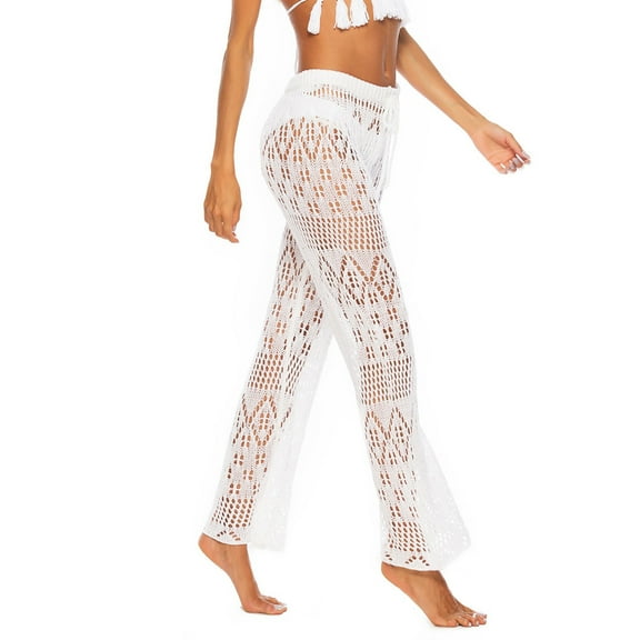 Womens Hollow Out Crochet Flare Pants High Waist Mesh Beach Bikini Cover Up Swimsuits Pants