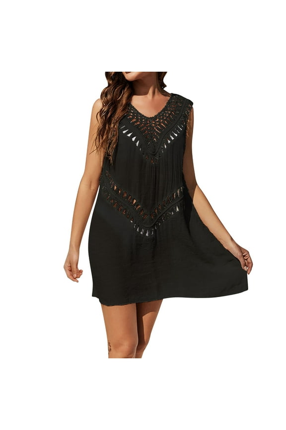 Womens Hollow Out Crochet Patchwork Sleeveless Swimsuit Cover Up Loose Fit Boho Beach Mini Dress for Summer Travel