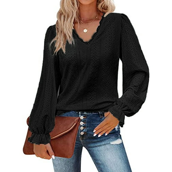 Womens Hollow Out Fall Tops V Neck Long Sleeve Blouses Ruffle Sleeve Tunic Lace Shirts For Women Cogild
