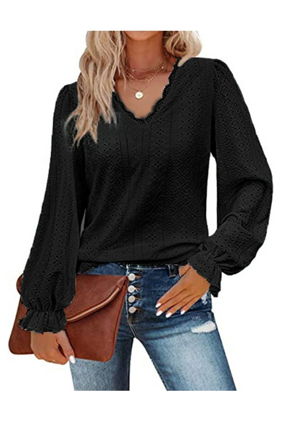 Womens Hollow Out Fall Tops V Neck Long Sleeve Blouses Ruffle Sleeve Tunic Lace Shirts For Women Cogild