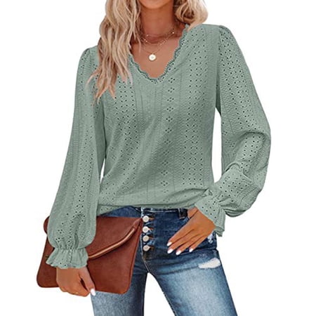 Womens Hollow Out Fall Tops V Neck Long Sleeve Blouses Ruffle Sleeve Tunic Lace Shirts For Women Cogild