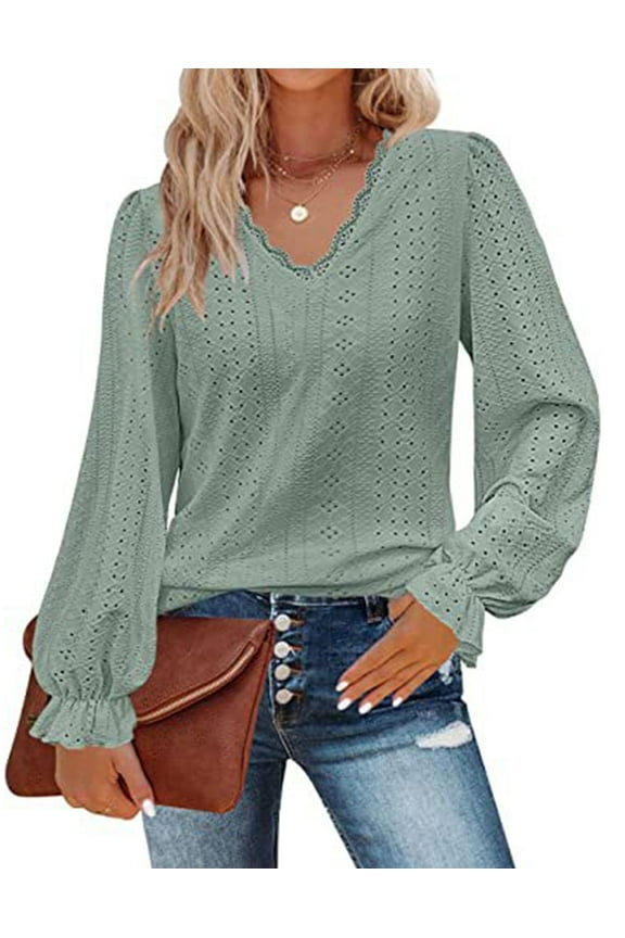 Womens Hollow Out Fall Tops V Neck Long Sleeve Blouses Ruffle Sleeve Tunic Lace Shirts For Women Cogild
