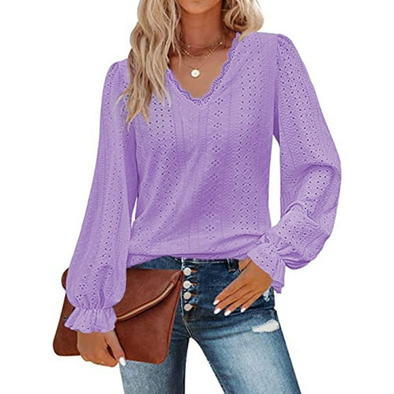 Womens Hollow Out Fall Tops V Neck Long Sleeve Blouses Ruffle Sleeve Tunic Lace Shirts For Women Cogild