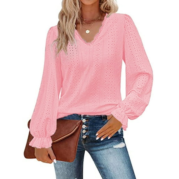 Womens Hollow Out Fall Tops V Neck Long Sleeve Blouses Ruffle Sleeve Tunic Lace Shirts For Women Cogild