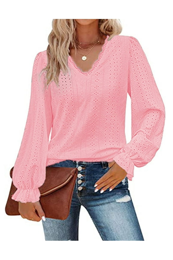 Womens Hollow Out Fall Tops V Neck Long Sleeve Blouses Ruffle Sleeve Tunic Lace Shirts For Women Cogild