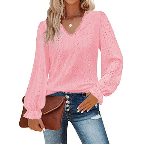 Womens Hollow Out Fall Tops V Neck Long Sleeve Blouses Ruffle Sleeve Tunic Lace Shirts For Women Cogild