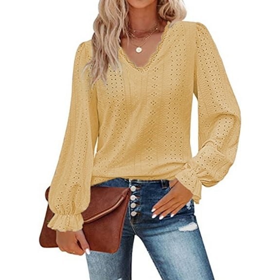 Womens Hollow Out Fall Tops V Neck Long Sleeve Blouses Ruffle Sleeve Tunic Lace Shirts For Women Cogild