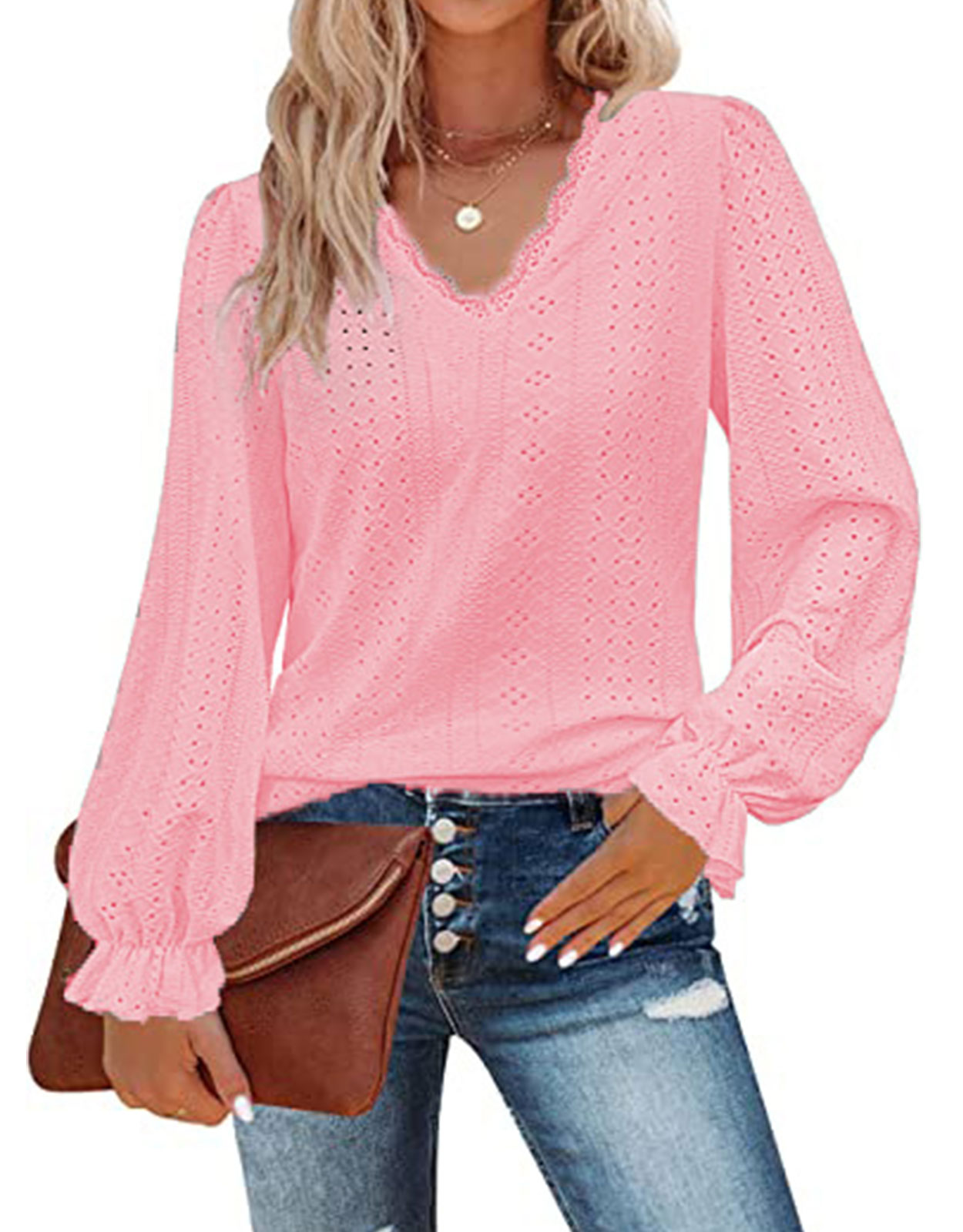 Womens Hollow Out Fall Tops V Neck Long Sleeve Blouses Ruffle Sleeve ...