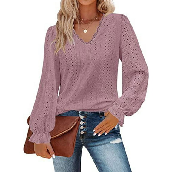 Womens Hollow Out Fall Tops V Neck Long Sleeve Blouses Ruffle Sleeve Tunic Lace Shirts For Women Cogild