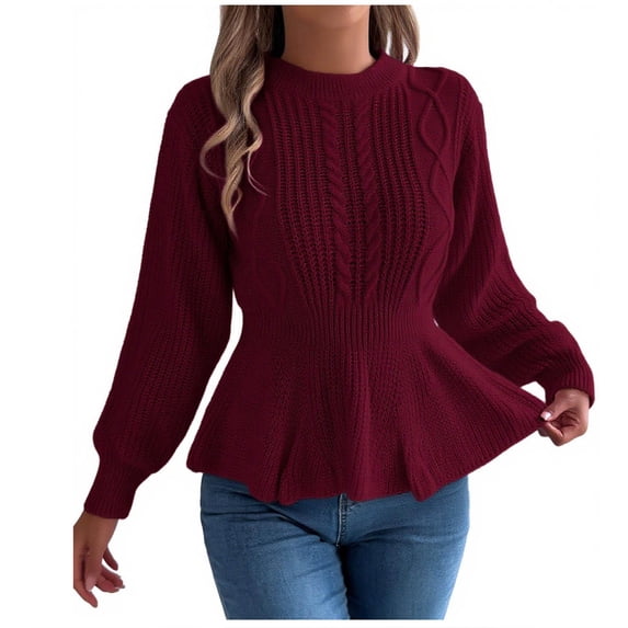 Womens Hollow Sweater Elegant Tunic Flared Hem Fashion Rib Long Sleeve Pullover Tops Casual Crop Crew Neck Sweaters Trendy Fall Clothing