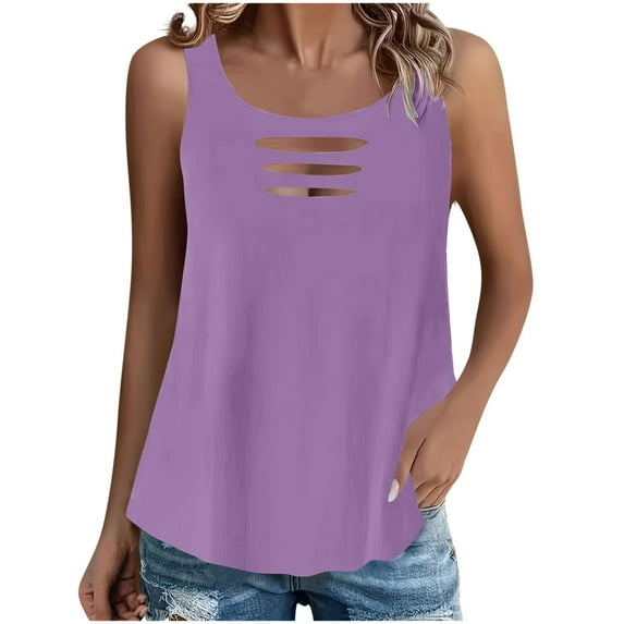 Womens Hollow Tank Tops, Sleeveless Shirts for Women Summer Casual Loose Fit Solid Color Crewneck Tanks Blouses