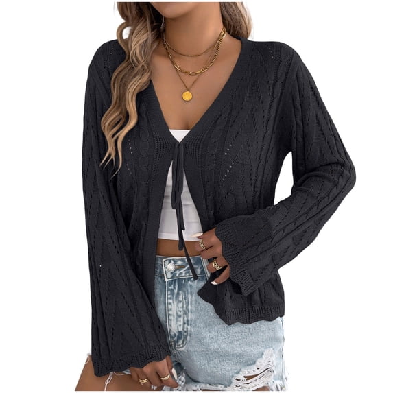 Womens Hollow out Cardigans Knitted V Neck Long Sleeve Tie Front Trendy Sweater Lightweight Cardigan Tops (M, Black)