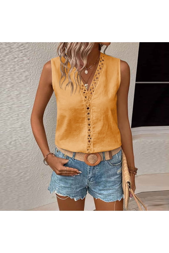 Womens Hollow out V Neck Sleeveless Blouse Eyelet Loose Fitting Dressy Casual Tank Tops for Summer Yellow XXL