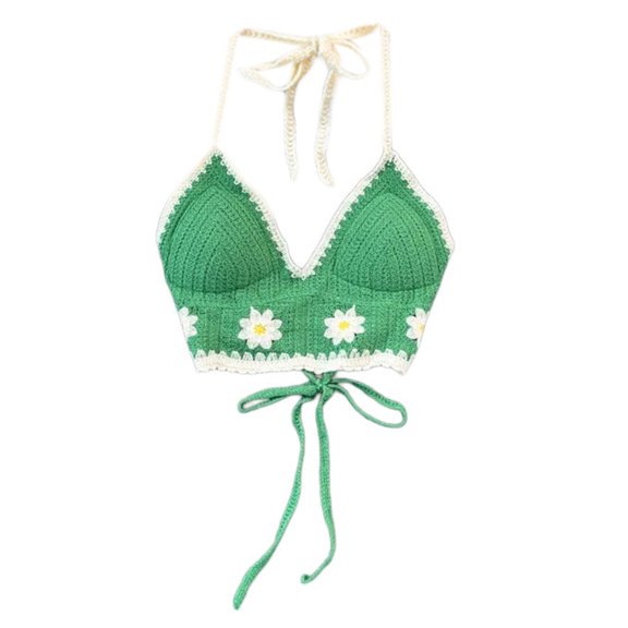 Womens Hollowed Out Crocheted Halterneck Beach Bikini Bras Vests Bohemian Knitted Flower Bustiers Crop Top Camisole