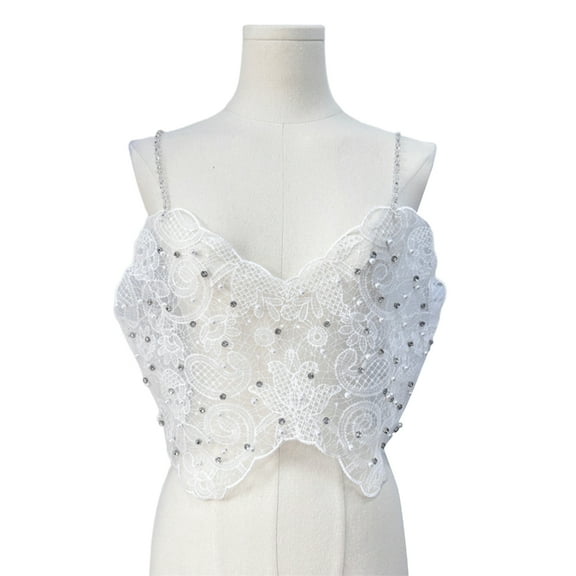 Womens Hollowed Out Sheer Mesh Camisole Vests Rhinestones Spaghetti Straps Pearl Beaded Party Crop Top Outwear