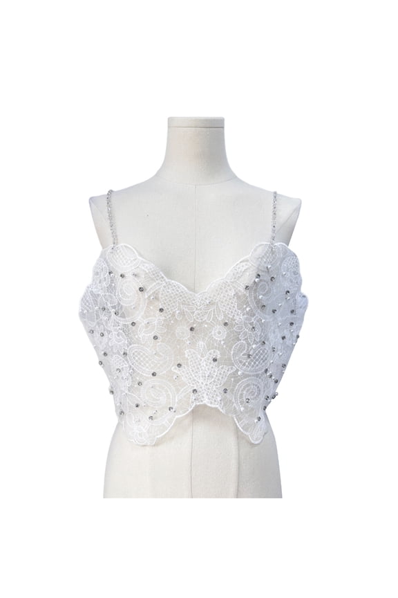 Womens Hollowed Out Sheer Mesh Camisole Vests Rhinestones Spaghetti Straps Pearl Beaded Party Crop Top Outwear