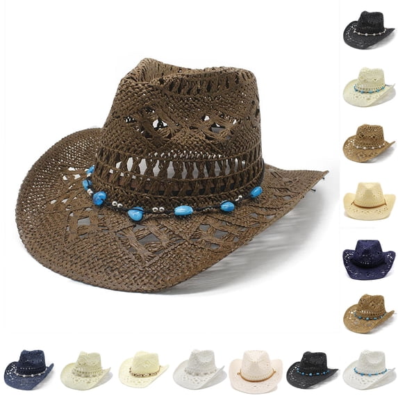 Womens Hollowed Out Straw Sun Hat Cowboy Style Rollup Brim Beach Cap Lightweight for Summer Travel