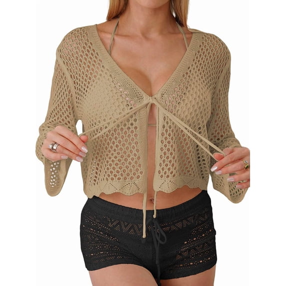 Womens Hollowout Crop Summer Solid Color Long Sleeves Lace Up Beach Casual Cover Up Shawl Blouse Top Khaki One Size