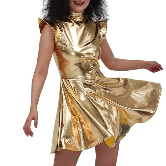 Womens Holographic Shiny A-line Dress Metallic Rave Dress Gold M
