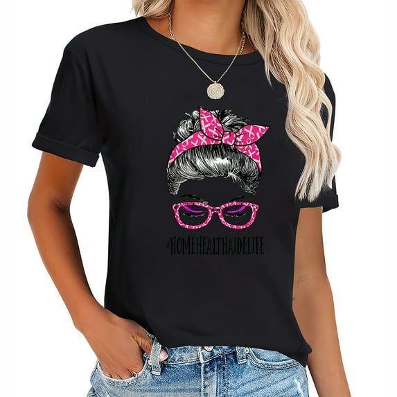 Womens Home Health Aide In October We Wear Pink Messy Bun Cancer T Shirt Black 2X-Large