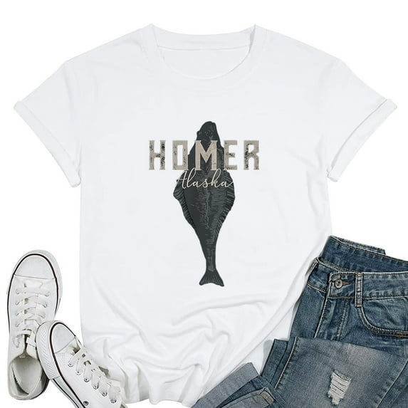 Womens Homer, AK Souvenir T-shirt Hanging Halibut White 2X-Large