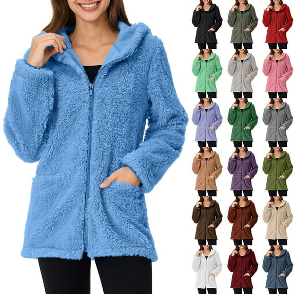 Womens Hood Jacket with Pockets Plus Size Solid Color Long Sleeve Warm Faux Coat Women Winter Zipper Jacket Casual Outerwear Orange XXXL
