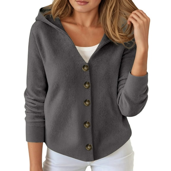 Womens Hooded Cardigan Sweater Solid Basic Knit Shirts Lightweight Long Sleeve Button Up V Neck Outerwear Top Fall Trendy Clothes