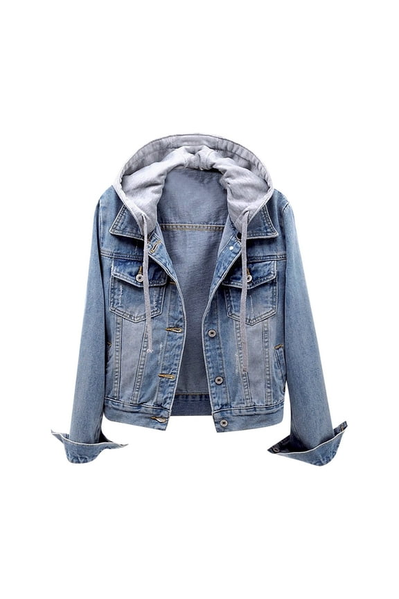 Womens Hooded Denim Jacket Classic Casual Jean Hoodie Jackets Slim Fitting Button Denim Coat Streetwear Girls Denim Jacket Light blue L