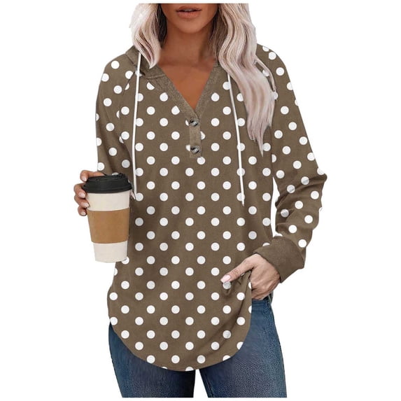 Womens Hooded Fall Clothes, Hoodies for Women Drawstring Casual Dots Printed Button Up V Neck Long Sleeve Pullover
