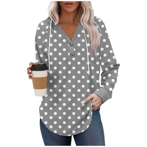 Womens Hooded Fall Clothes, Hoodies for Women Drawstring Casual Dots Printed Button Up V Neck Long Sleeve Pullover
