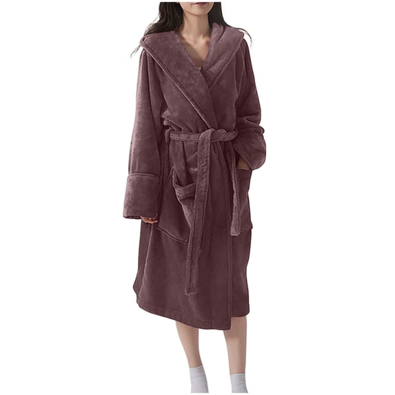 Womens Hooded Fleece Robe, Soft Bathrobe for Women Mid Length Bathroom Robes with Belt Warp V-Neck Thick Winter Bathrobes Side Pockets