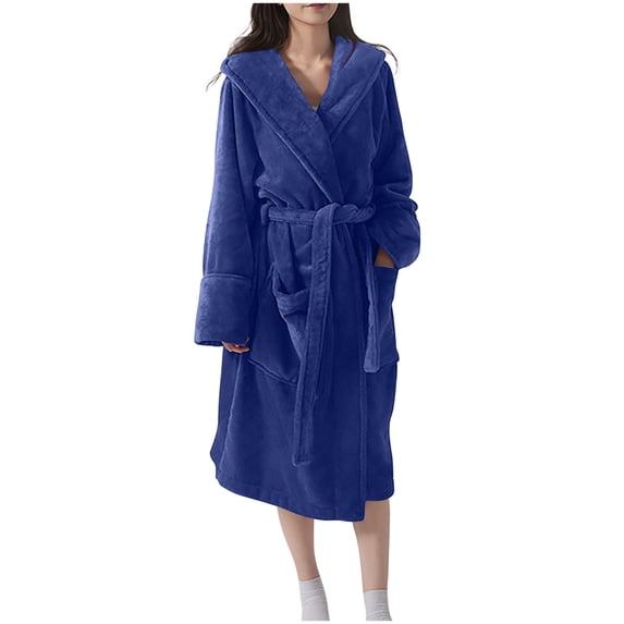 Womens Hooded Fleece Robe, Soft Bathrobe for Women Mid Length Bathroom Robes with Belt Warp V-Neck Thick Winter Bathrobes Side Pockets