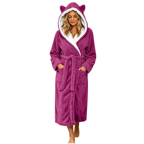 Womens Hooded Fleece Robe, Soft Bathrobe for Womens, Cute Long House Coat Hot Pink M(M)