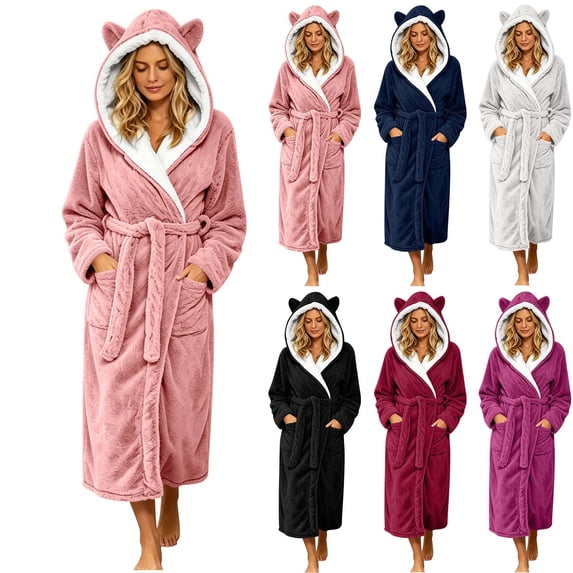 Womens Hooded Fleece Robe, Soft Bathrobe for Womens, Cute Long House Coat Pink XL(XL)