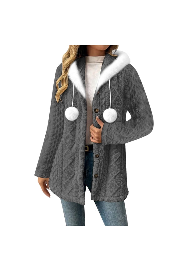 Womens Hooded Fuzzy Coat with Pom-pom Soft Plush Fuzzy Button Up Cardigans Winter Fall Sweater Jacket Outwear (2XL, Gray)