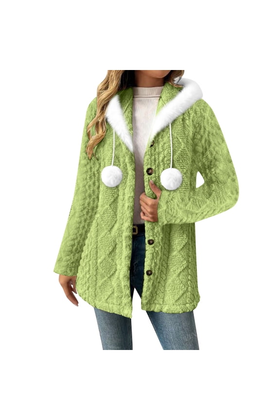 Womens Hooded Fuzzy Coat with Pom-pom Soft Plush Fuzzy Button Up Cardigans Winter Fall Sweater Jacket Outwear (L, Green)