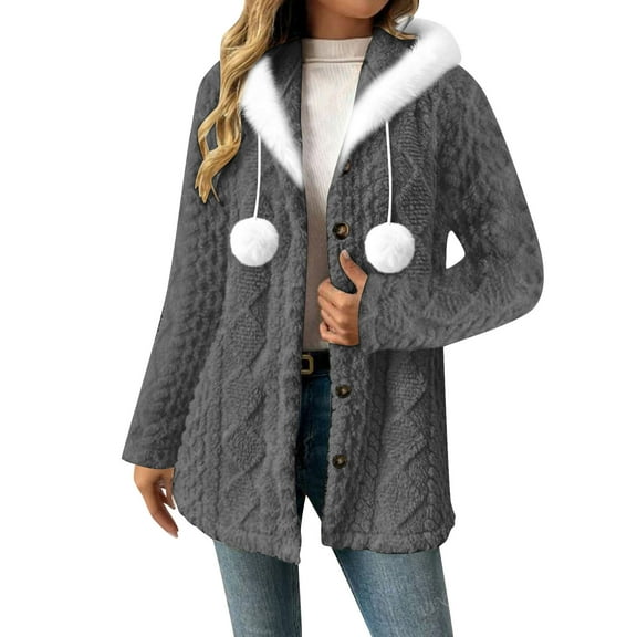 Womens Hooded Fuzzy Coat with Pom-pom Soft Plush Fuzzy Button Up Cardigans Winter Fall Sweater Jacket Outwear (XL, Gray)