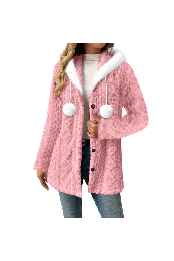 Womens Hooded Fuzzy Coat with Pom-pom Soft Plush Fuzzy Button Up Cardigans Winter Fall Sweater Jacket Outwear (XL, Pink)