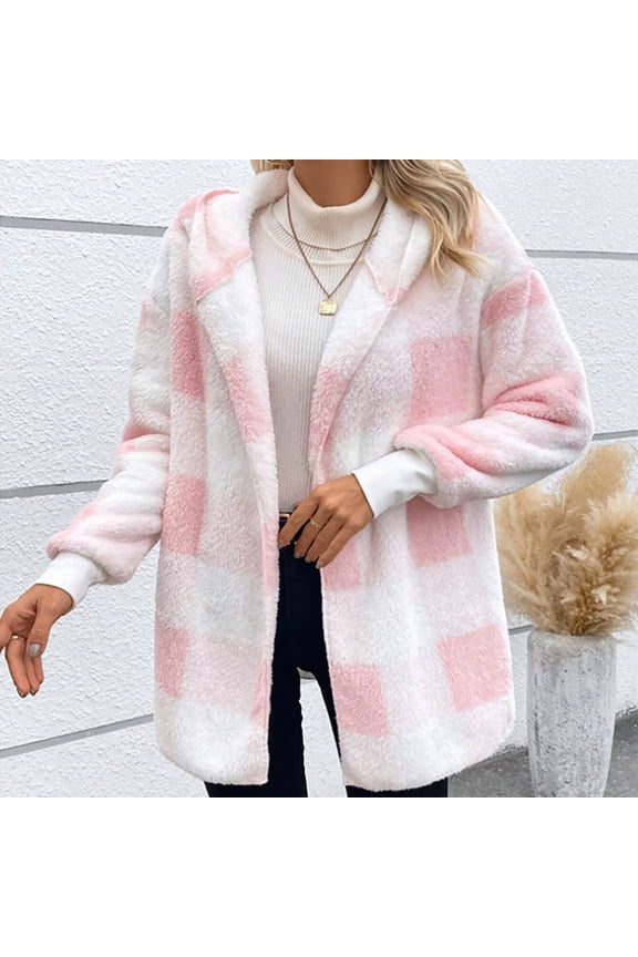 Womens Hooded Fuzzy Fleece Jacket Open Front Plaid Cardigan Comfy Soft Warm Winter Outerwear New Pinky L