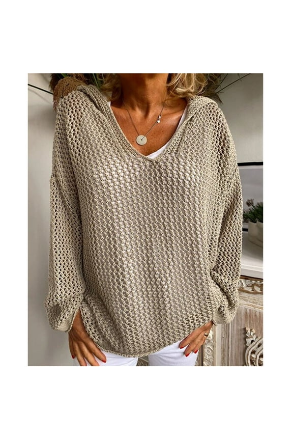 Womens Hooded Hollow Out Crochet Knit Long Sleeve Sweater Loose Fit Casual for Fall Resort 2024 Cute Elegant Pullover Tops