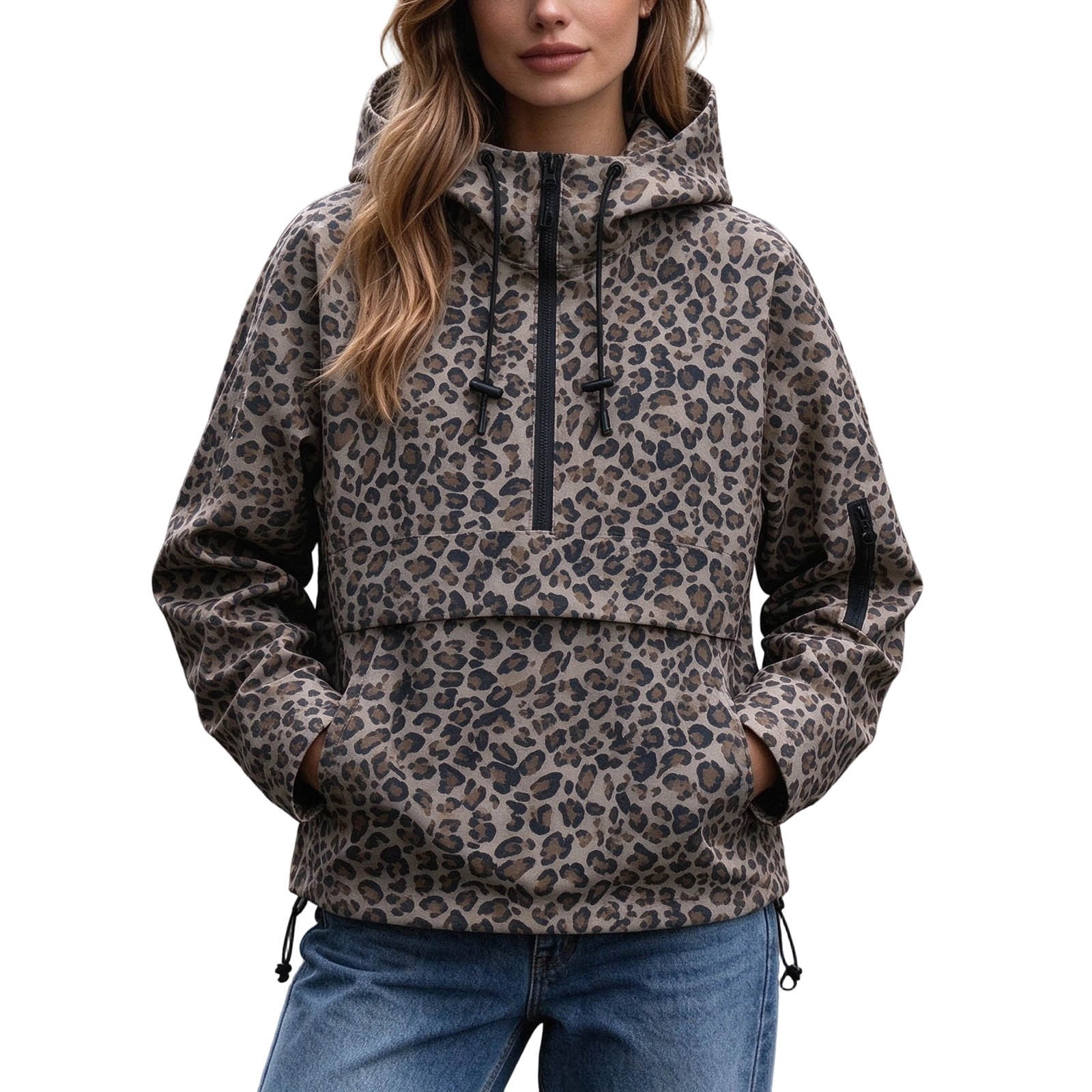 Printable Sign Photo Womens Hooded Jacket Half Zip Pullover Windbreaker Jacket Women Leopard ...