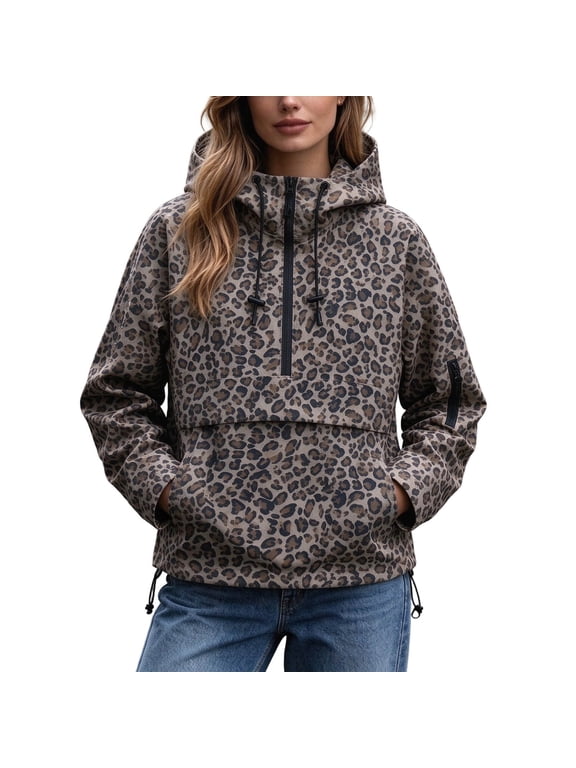Womens Hooded Jacket Half Zip Pullover Windbreaker Jacket Women Leopard Print Anorak Long Sleeve Brown Jacket Women Casual Fall Outerwear