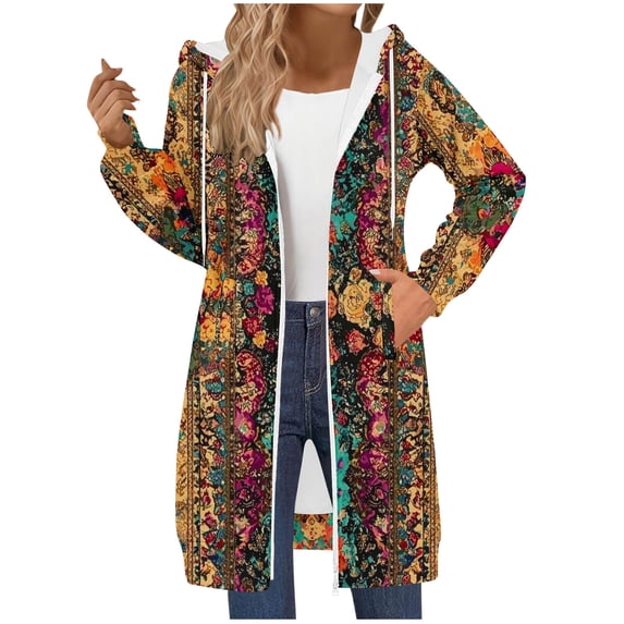 Womens Hooded Jackets Double-Zip Drawsting Long Sleeve Print Sweatshirts Outwear Casual Loose Long Coat Wirh Pockets (XL, Yellow)